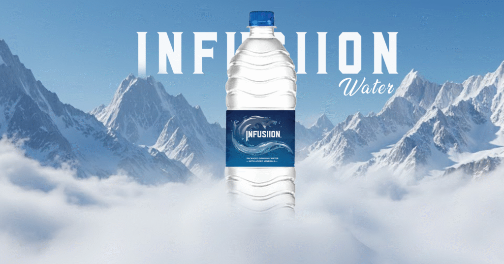 Infusiion water bottle showcasing pure, mineral-balanced drinking water in a clean and modern bottle design