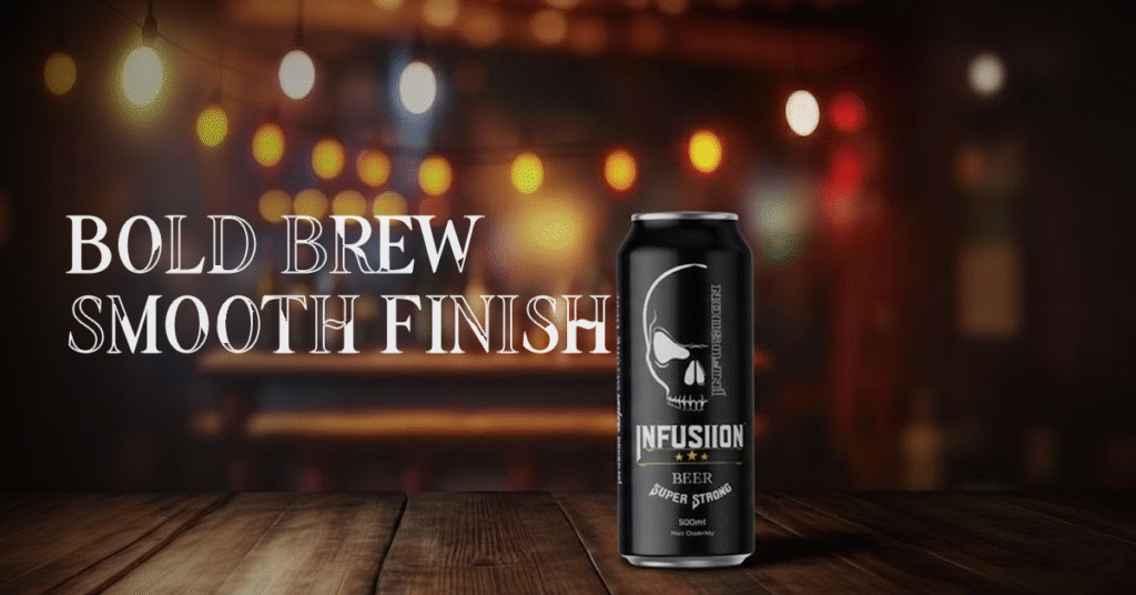 Infusiion super strong beer can with bold design and refreshing beer foam in a premium setting