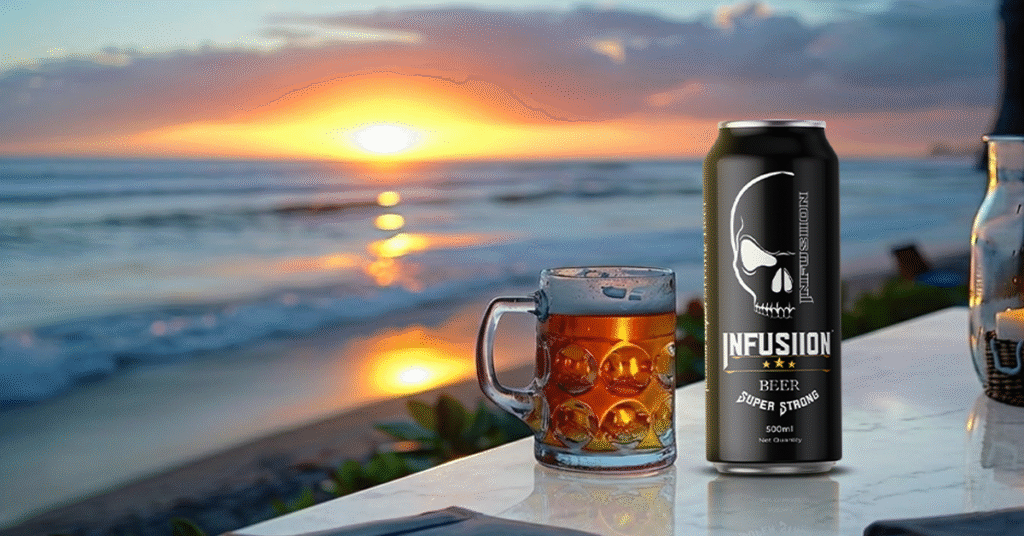 Friends enjoying Infusiion beer and beach vibes while relaxing and playing games near the ocean
