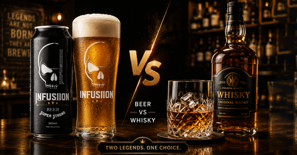 Beer vs whisky comparison with premium beverage glasses