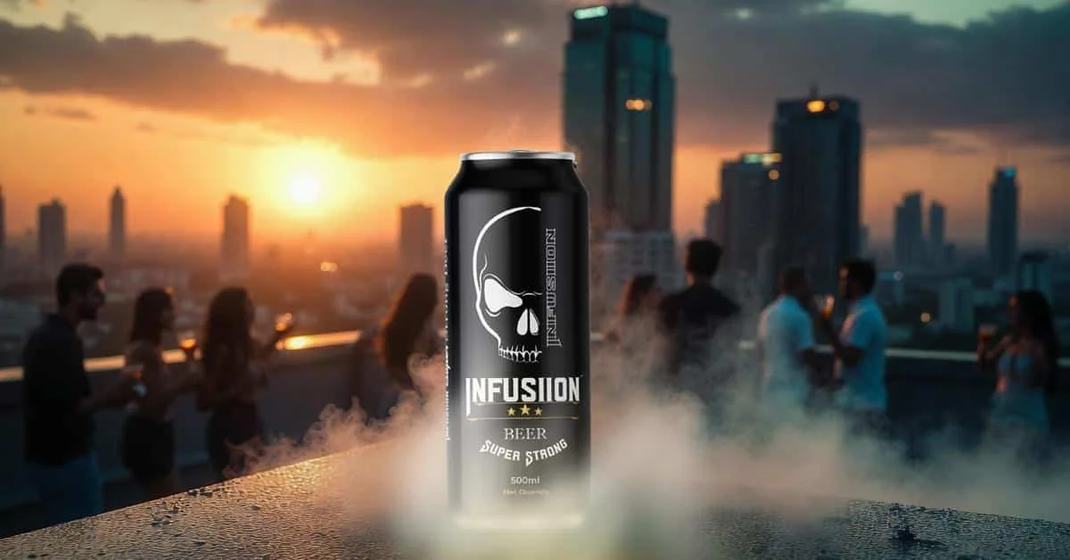 Chilled premium strong beer can with condensation droplets, placed on a wooden table with warm ambient bar lighting in the background.