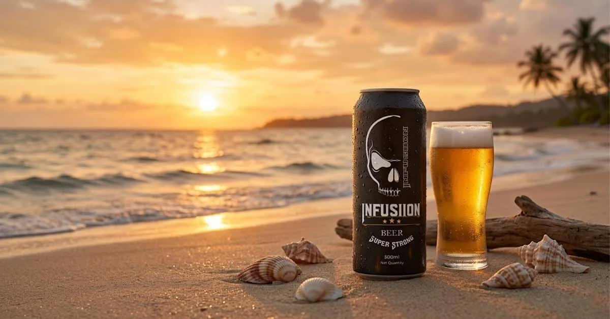 Infusiion Beer bottle on sandy shore with ocean waves and sunset, capturing the essence of the best beer on beach experience with a refreshing and relaxing vibe