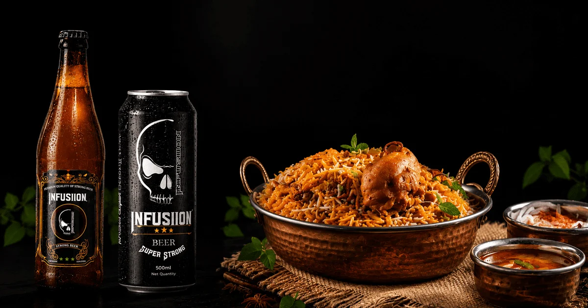 Best beer with biryani served alongside authentic Indian chicken biryani