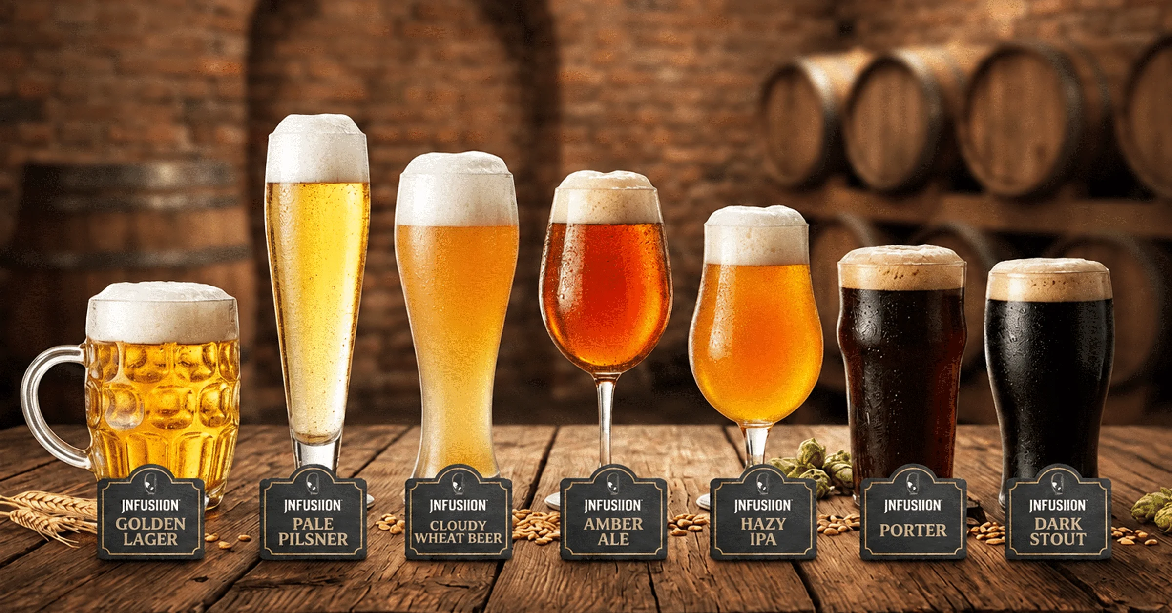 Types of beer including lager, ale, stout, and wheat beer